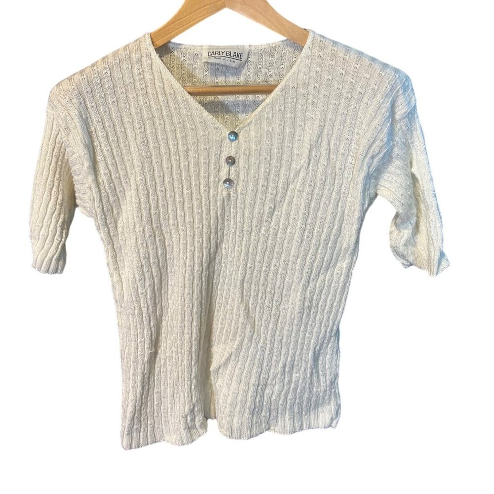 Carly Blake White V Neck Button-Down Knit Sweater Top